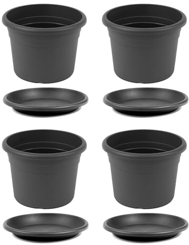 HAC24 4X Pflanztopf Kunststoff Anthrazit Rund Ø 60 cm incl. Untersetzer Pflanzkübel Pflanzuntersetzer Blumentopf Blumenkübel Pflanzcontainer