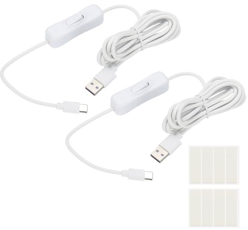 PATIKIL 2M USB Cable with ON/Off Switch, 2 Pcs USB Male to Type-C Male Extension Cord with Foam Double-sided Tape for LED Desk Lamp LED Strip, White