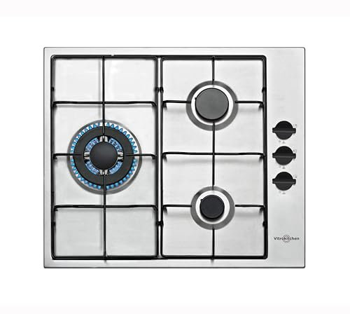 Vitrokitchen EN605LIB - Placa de Gas Butano 3 fuegos con encendido electrónico, acero inoxidable, seguridad Gas-Stop, 60cm
