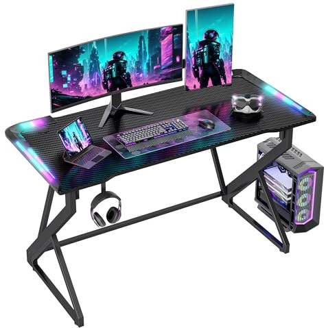 BEXEVUE Escritorio Gaming 120x52 cm con LED RGB Armor, Mesa de Ordenador con Fibra de Carbono y Marco Z, Escritorio PC con Gancho Auriculares, Montaje Fácil, Negro