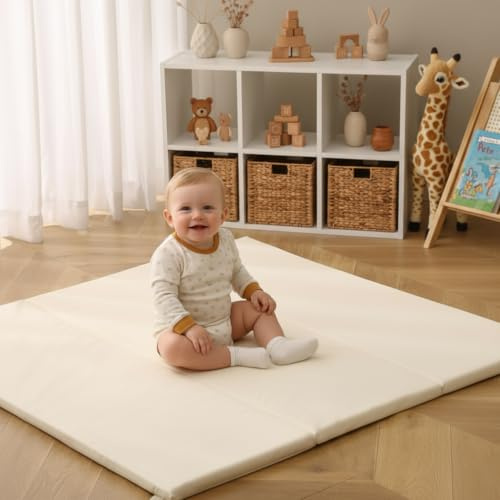 Jinrobabes Vegan Leather Baby Play Mat Foldable,127x127cm Thicken Foam Cushioned & Waterproof Playpen Mat for Infants and Toddlers, Stylish and Just Wipe-Clean Playmat (Cream, 127X127CM)