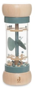 Jollein Regenmacher Baby aus Holz – On the Go – Baby Spielzeug ab 0+ Monaten – Mit Roller & Helikopter-Motiv – Fördert Sinne & Motorik – Seegrün/Beige