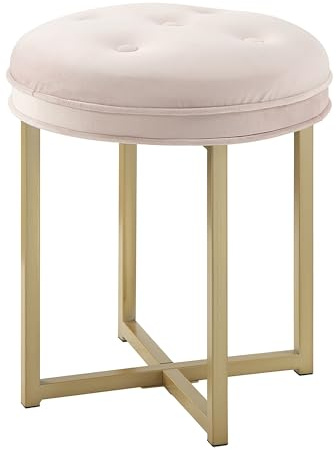 Azalea Park Glam Gold Vanity Stool – Pink Velvet Cushioned Seat, Gold Iron Legs, Sturdy Makeup Stool for Bedroom, Bathroom, or Vanity – Supports 300 lbs, Easy Assembly
