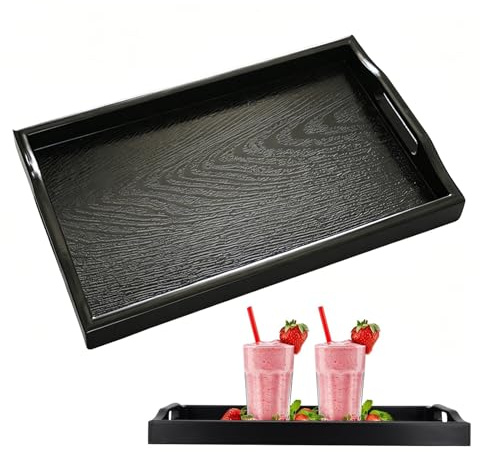 MUNGHOK Bandeja de servir negra rectangular de plástico, bandeja antideslizante con asas, bandeja de cocina negra, bandeja grande de plástico para restaurante, cafetería, bar, 42 x 27 x 4 cm