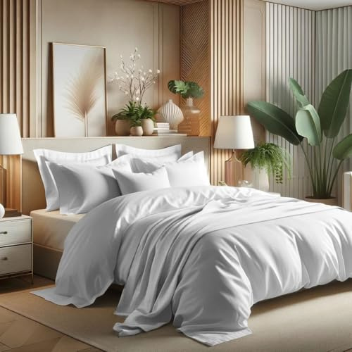 Générique Parure de Couette Unie 4 Pièces -1 Drap Housse 160x200 cm + 2 Taies d'oreiller 50x70 cm + Housse de Couette 220 x 240 cm 100% Pur Coton très Doux - Qualité Premium 2 Personnes (Blanc)