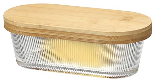SUMNACON Contenedor de almacenamiento de vidrio transparente con tapa de bambú, bandeja de mantequilla de patrón vertical, soporte de almacenamiento de mantequilla de cocina, con capacidad para 1