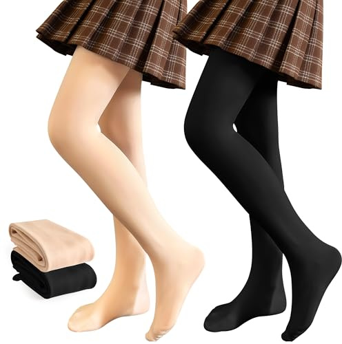 JinBei Medias Niñas con Forro Polar Mallas Térmicas con Pies Opacas 2 Pares Cintura Alta Elásticas Suave Leggings Invierno Leotardos Color Carne Negro para Escuela Ballet Danza, 6-8 años
