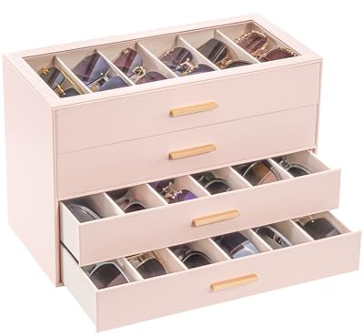 Lolalet 24 Slots 4-Layer Sunglasses Storage Box for Women, Eyewear Eye Glass Sunglass Organizer with Clear Top Lid Display Holder Case for Sunglasses Eyeglass Watch Jewelry -Pink