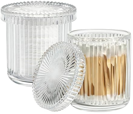 MC MEICHUANG Set of 2 Glass Bathroom Storage Jars with Lids, Vintage Ribbed Cotton Ball Q-tip Holder Organizer, Countertop Floss Organiser Canister, Dust-Proof Glass Dispenser (Clear)