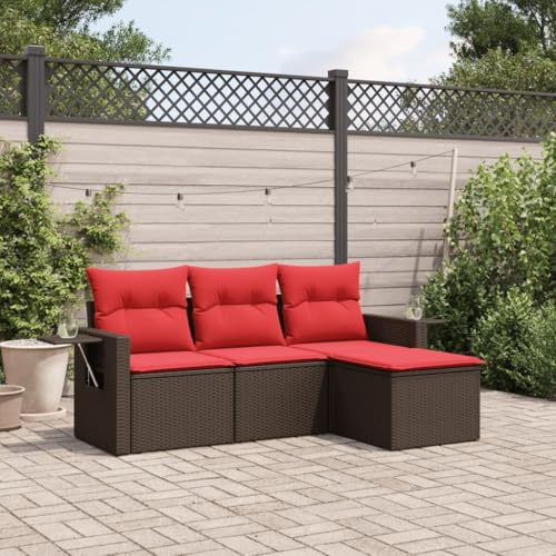 YuuSsea 4-teiliges Gartensofa-Set, braun, Polyrattan, UV-beständig, mit roten Kissen, klappbaren Tischen, modulares Design für Terrasse, Balkon