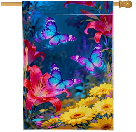Drapeau de maison en forme de papillon, fleur de lys fantaisie, bleu printemps, double face, en toile de jute pour extérieur, terrasse, cour, pelouse, entrée, balcon, 71 x 101,6 cm