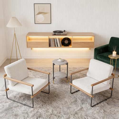 JIEXI Dekorativer Sessel aus Lammfell-Steppstoff, gepolsterter Sessel im modernen Stil, Metallgestell, Lammfellbezug, Sockel aus Kohlenstoffstahl, cremeweiß, 2er-Set.