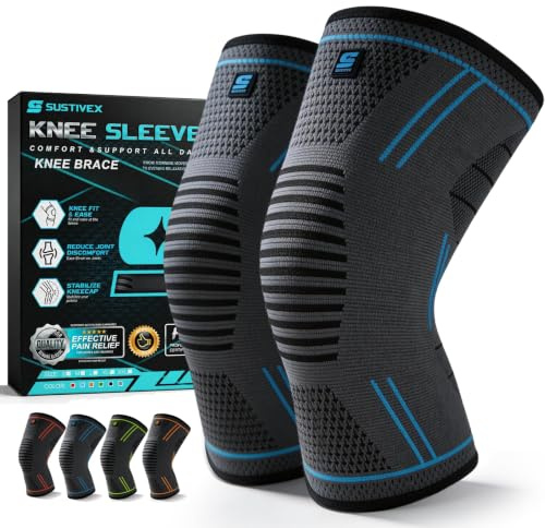 SUSTIVEX Pack de 2 Rodilleras, Antideslizante Transpirable Rodillera unisex, Protegen y estabilizan, Para Gym, Voleibol, Baloncesto, Correr, Bicicleta(Azul-L)
