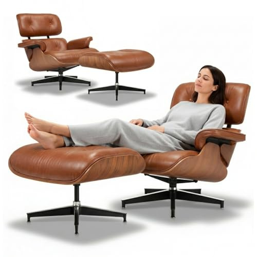 Asukale Leder Relaxsessel mit Hocker, Moderner Sessel Wohnzimmer Fernsehsessel, Drehbarer Chaiselongue mit Ottomane, Fester Neigungswinkel von 105°, TV-Sessel mit Gepolstertem Kissen, Braun