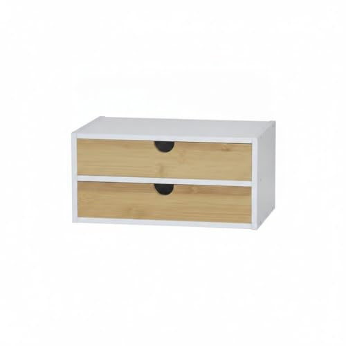 CONFORTIME | Cajonera de Escritorio 2 Cajones de Bambú Blanca 30,8x19,7x15,1 cm, Organizador de Maquillaje y de Cajones para Tocador, Cajonera Estrecha Auxiliar para Oficina y Hogar