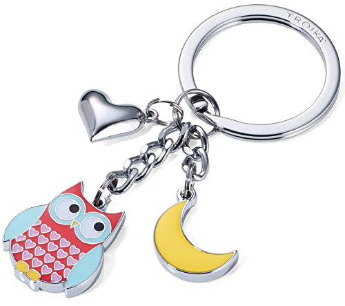 Troika KR16-03/RD Porte-clés avec 3 pendentifs Chouettes, Lune, cœur, Tendance hiboux – Brillant – Rouge – l'original de