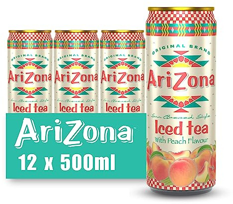 Arizona Peach Iced Tea with Real Peach Juice, 12 x 500ml Cans | Black Iced Tea, With Real Peach Juice, No Artificial Colours or Preservatives, Enjoy Chilled, 12 Can Multipack