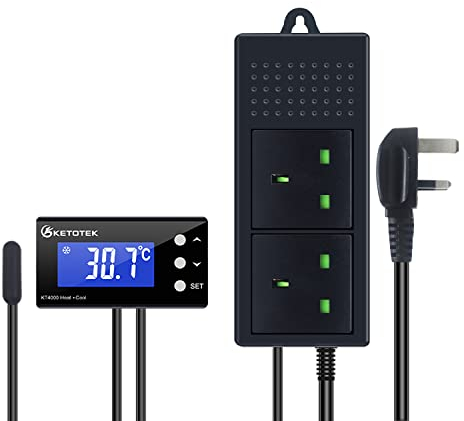 KETOTEK Digital Temperature Controller Thermostat Plug Socket with Waterproof Sensor, 2-Stage Thermostatic Plug 220V Heating Cooling Temperature Switch for Aquarium Greenhouse Heater Fan