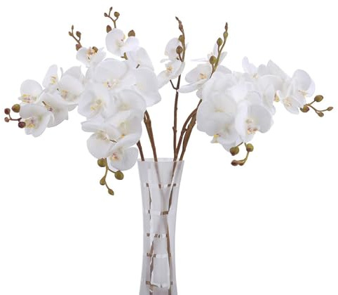 BOMAROLAN Artificial Flowers Faux Butterfly Orchid 4 Pcs Real Touch Double Branch Silk Flowers (No Vase) for Wedding Home Office Party Hotel Yard Decoration Restaurant Patio Festive Furnishing (White)