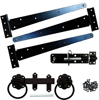 Tee Hinge (3) 16 400mm Fitting Kit Wooden Garden Gate Ironmongery Set Black, Supplied with All The Fixings