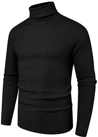 Hisir Men's Jumper Turtle Neck Tops Winter Warm Wool Knitted Pullover Long Sleeve Sweater Solid Colour Basic Turtleneck Soft Jumpers (Black, L)