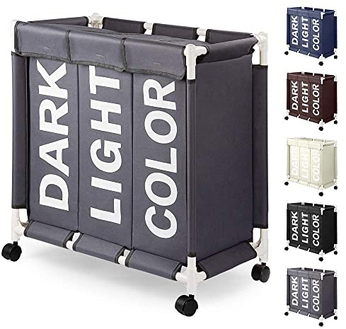 Rieeyrslza Panier à Linge Triple avec Roulettes 90L Sac à Linge 3 Compartiments en Tissu Oxford avec Couvercle Corbeilles à Linge avec Roulettes Multifonction Panier de Rangement(Gris o2)
