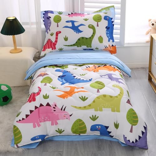 Wowelife Dinosaur Toddler Bedding Set for Boys and Girls, Premium 4 Piece Dinosaur Toddler Bed Set Blue, Super Soft and Comfortable for Toddler