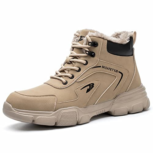 Winter Safety Boots Mens Waterproof Work Shoes Women Steel Toe Cap Trainers Warm Fur Lined Safety Shoes, Beige, UK 10
