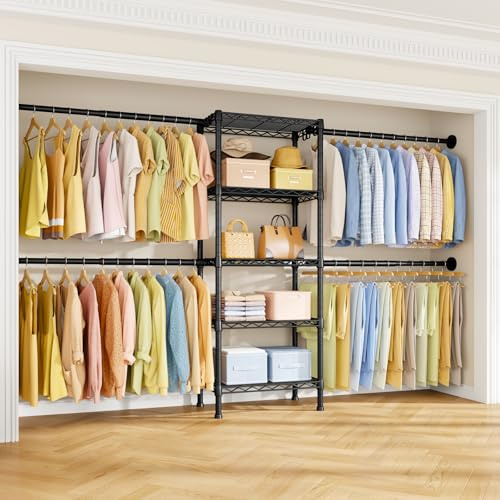 Ulif M2 Closet Organizer System, 5.9 Feet Height Mounted to the Wall Garment Rack with 4 Expandable Hanger Rods, 5 Shelves in 23.6 L x 14.5 W, Suit Total Space from 5.8-8.8 ft, Black