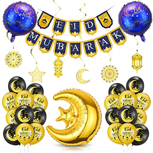 Eid Mubarak Dekoration Schwarz Gold, Eid Mubarak Ballon Luftballons, Eid Mubarak Banner Aufhängen, Stern Mond Folienballon für Eid Ramadan Mubarak Partydeko