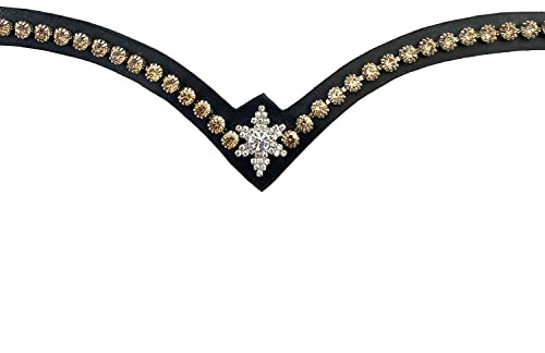 Leone Equipment Stirnriemen Pferd Glitzer in Geschenkbox Pony, Gold Steine/Schwarz Leder