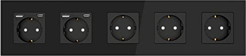 PULSAR Steckdose Schwarz Glas/USB-C, USB-A Anschlüsse/Steckdose 5 Fach Unterputz mit Kindersicherung 370x86mm Flache Wandsteckdose Unterputzsteckdose EU-Standard