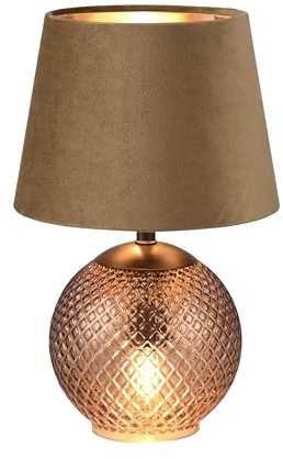 Reality Leuchten Tischleuchte Jonna R51242013, Sockel Glas amberfarbig, Schirm Samt Braun/goldfarbig, exkl. 2x E14