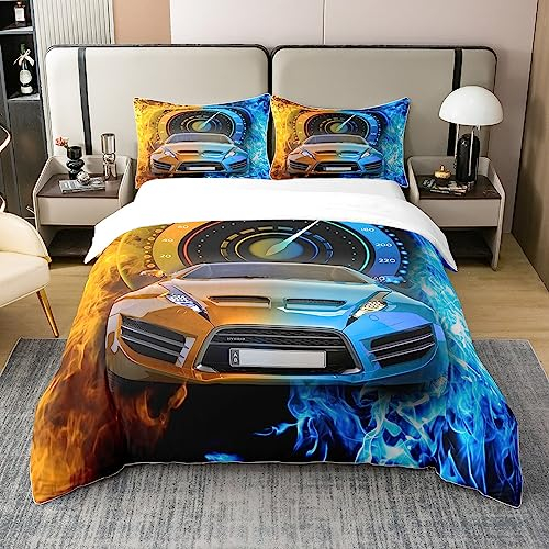 Rennen Auto 100% Baumwolle Bettbezug 135x200 Fire Sport Auto Bettwäsche Set für Kinder Jungen Mädchen Blau Orange Flamme Rennen Auto Tröster Abdeckung Mode Auto Bett Sets mit 1 Kissenbezug Komfort
