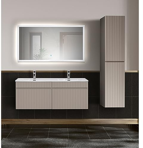 Lomadox Badmöbel Set Doppelwaschtisch 121 cm 2 Unterschänke Keramik Waschbecken Hochschrank Spiegel Touch Bedienung Kaschmir