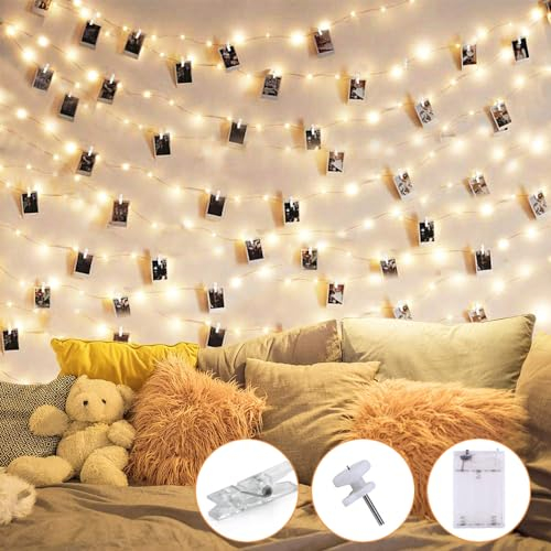 10 m 100 LED Fotolichter, dekorative LED-Lichter mit Batterie, 50 Foto-Clipse 10 Nägel, Schlafzimmer Lichter für Fotos für dekorative Fotos Innenraum, Hochzeit, Geburtstag, Weihnachten, Party,