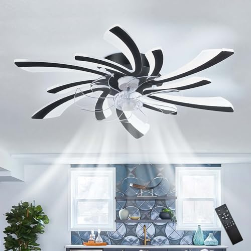 Caufloce LED Lampadario Con Ventilatore Da Soffitto E Telecomando, Grande Fiore Reversibile Dimmerabile Lampadario Ventilatore Moderno Silenzioso Timer Luce Con Ventilatore Cucina Per Salotto-Black
