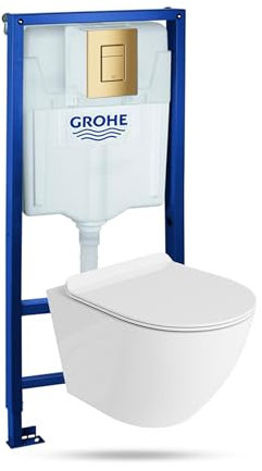 Élément mural Solido + WC suspendu mural Sofi Slim blanc sans bord + abattant WC SoftClose | Bouton doré | Kit complet | Réservoir de chasse encastré | Kit complet | WC complet |