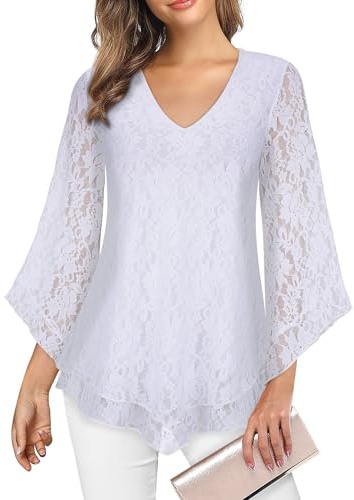 Gemulate Ladies Tops Long Chiffon or Lace Sleeves V Neck Chiffon Top Ladies 3/4 Bell Sleeve Blouses for Women UK T Shirts Loose Casual Blouse Dressy Tunic Shirt- White, M
