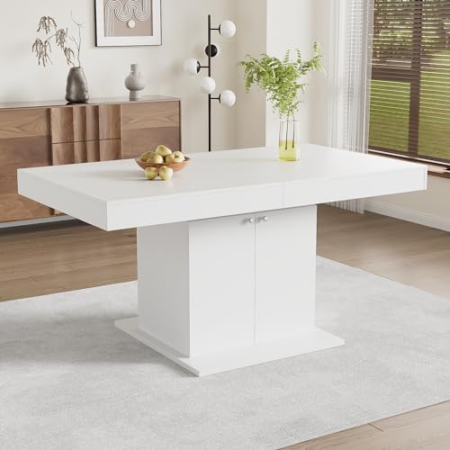 Soweiz Ausziehbarer Esstisch mit Stauraum, Rechteckiger Esstisch, Platzsparender Multifunktionaler, Automatischer Teleskoptisch, L140/180xW80xH76cm (Weiß)