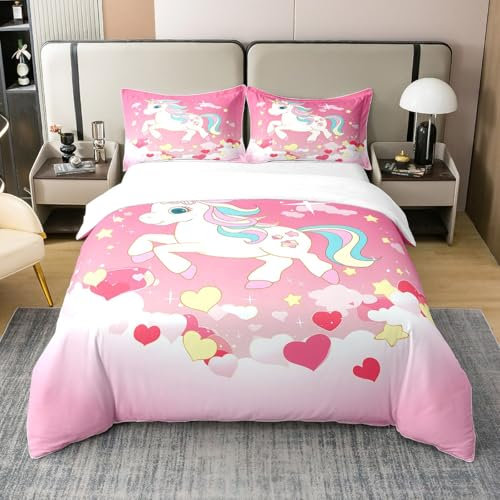 100% Baumwolle Einhorn Bettbezug 200x200,Kawaii Love Heart Galaxy Stars Soft Bettwäsche Set,Sky Cloud Fantasy Magic Tröster Abdeckung,Rosa Gelbe Pferd Cartoon Bettbezug