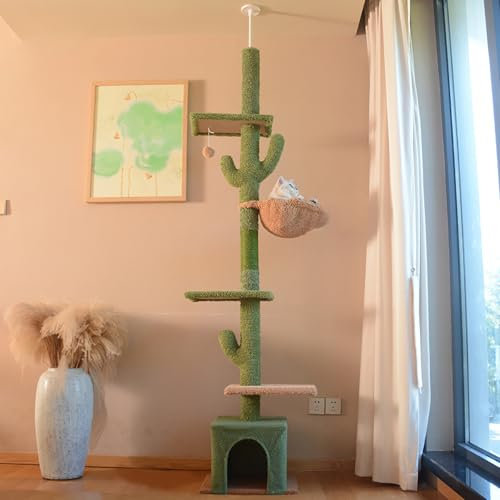 Hanmorfarbi Kaktus Katze KlettergerüSt Katzennest Kratzbaum All-In-One, Der Boden Der SäUle Mit Einem Nest Von GroßEn Kratzstange, Multi-Level-Katze Turm