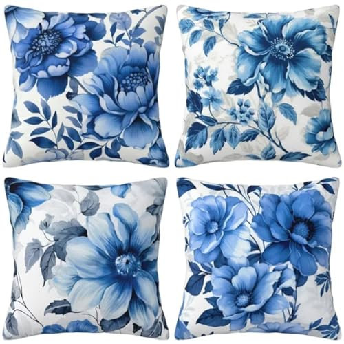 4er Set Dekorative Kissenbezüge 80x80cm Kissenhülle Baumwolle Leinen Outdoor Kissenbezug Zierkissenbezug mit Verstecktem Reißverschluss für Kinder Sofa Schlafzimmer Zuhause Dekor Blaue Blumen,32x32in