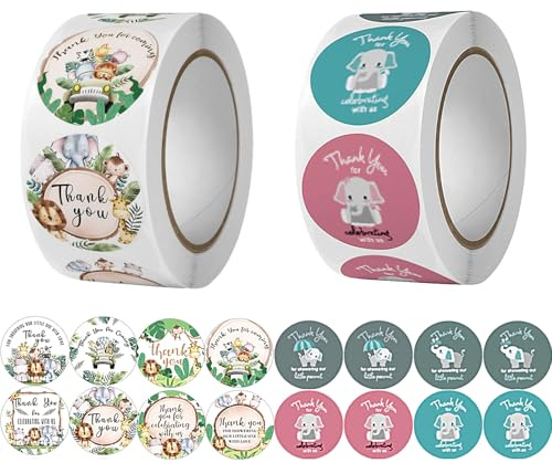 1000pz Adesivi Grazie per Pacchetti Bambini Round Etichette Grazie Animali Adesive Thank You Stickers Adesivo Regalo Fatto a Mano Decorativi per Matrimonio Ringraziamento Compleanno Natale Insegnanti
