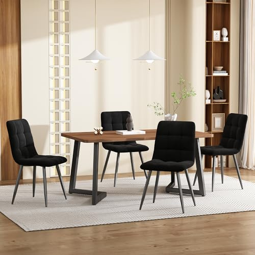 Idemon Juego de mesa de comedor (5 piezas, mesa de comedor con 4 sillas, moderno juego de mesa de cocina de grano de madera con patas de metal negro, tablero de fibra de densidad media en color nogal,