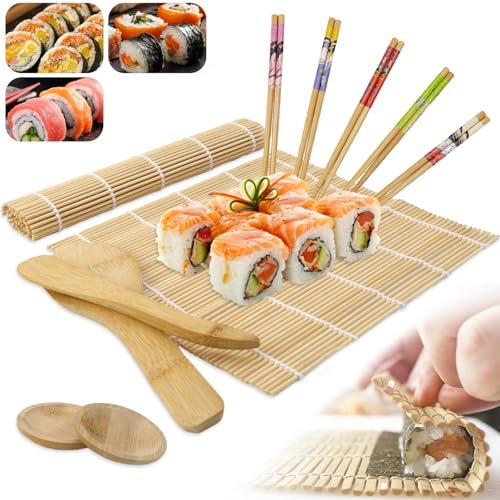 CHRI Sushi Matte 11er Set, sushi maker Bambusmatte Roller, Natürliche Bambusmatte zum Rollen von Sushi Anfänger