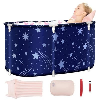 Fesatccoz Baignoire Pliable Adulte, 120x55x50cm Portable Grande Baignoire de Trempage pour Bain Chaud, Bain Glacé, Spa, Seau de Bain Épais, pour Deux Personnes avec Dossier, Coussin et Pompe