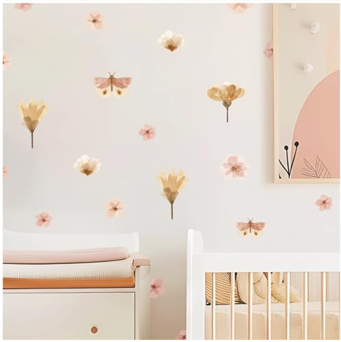 Wally Fox - Wandsticker Kinderzimmer - Wandtattoo Babyzimmer - Ungiftig, sicher, leistungsstark - 46 Stück Sticker, Boho-Blumen, Schmetterlinge - rosa, braun, gepudert, beige