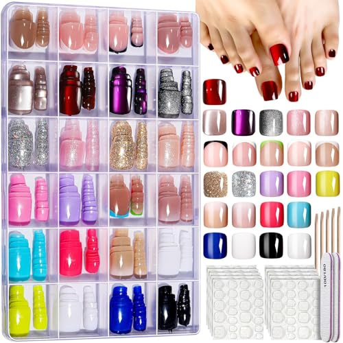 GlamRays 24 Modelos de uñas postizas Autoadhesivas, uñas para pies con Puntas francesas Efecto Ojo de Gato, Efecto Visual Brillante Ombre para pies