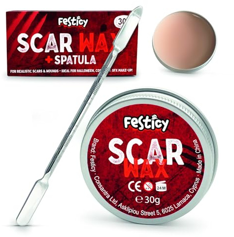 Festicy Cire Cicatrice Halloween 30g I Pour fausse cicatrice halloween réaliste I Modelage de cicatrice halloween latex avec cire maquillage effet spéciaux et faux sang